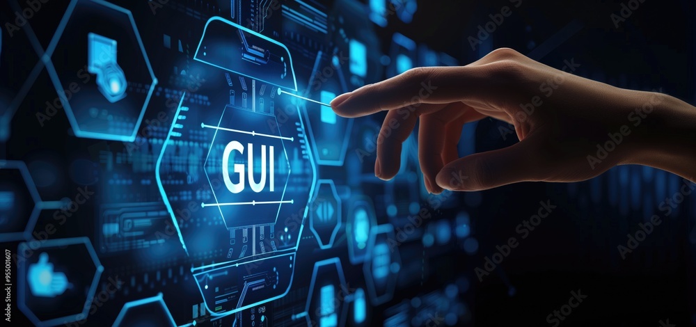 Poster hand interacting with futuristic graphical user interface (gui) in dark tech environment.