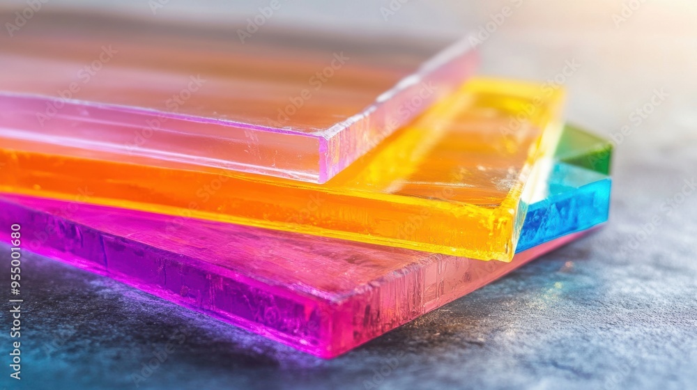Poster vibrant acrylic sheets in various colors are stacked neatly, showcasing their transparency and brigh