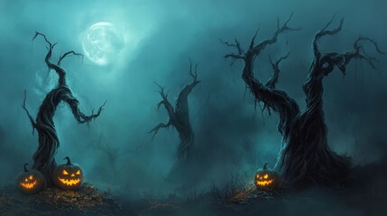 Fototapeta premium A spooky Halloween background showcasing a dark, creepy forest with twisted trees and thick fog. The trees are bare, their branches reaching out like skeletal fingers. The ground is covered in dry