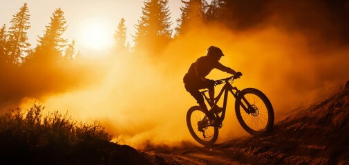 Obraz premium Mountain biker s intense ride down a steep, dusty forest trail, capturing the thrill and challenge of the sport