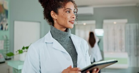 Eye care, woman optician and tablet in store with digital checklist for inventory, stock update and thinking. Retail, optometry professional and technology for checking prescription and online order
