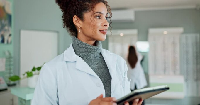 Eye care, woman optician and tablet in store with digital checklist for inventory, stock update and thinking. Retail, optometry professional and technology for checking prescription and online order