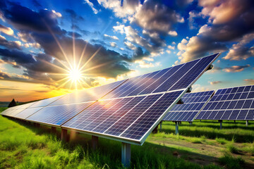 Solar panels against the background of sunlight