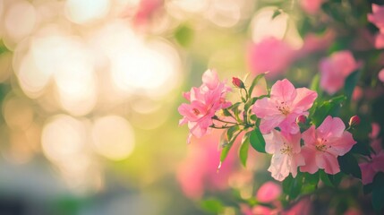 Close-up of delicate pink blossoms on a branch with a blurred background of sunlit leaves.
