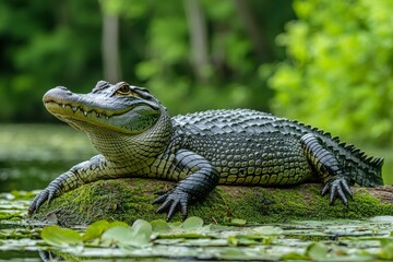 Obraz premium American Alligator Basking on Mossy Log in a Swamp