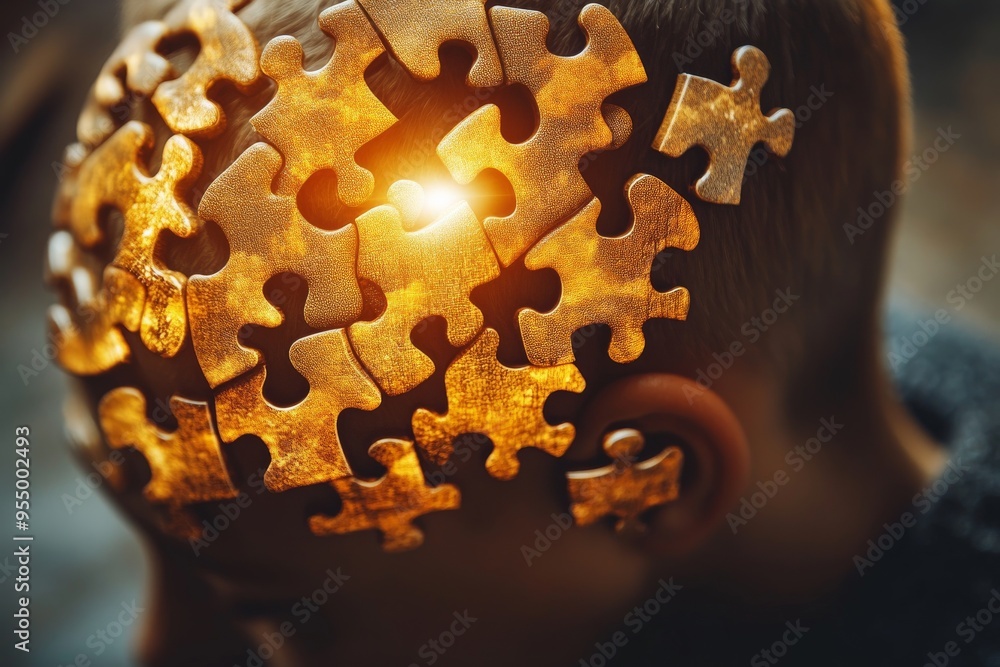 Poster cerebellum imagination digital art of a person with a glowing puzzle brain symbolizing the complexit