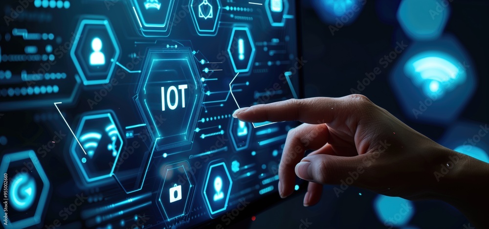 Poster hand interacting with futuristic iot interface on digital screen. internet of things concept.