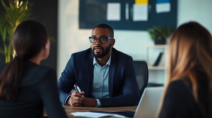 Business meeting with a diverse team discussing strategies in a modern office setting during the afternoon