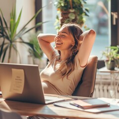 Cheerful woman relaxing at her desk in a bright, plant-filled office during the day, enjoying a moment of peace after working