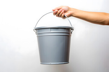 Mockup of gray paint bucket in hand on white background