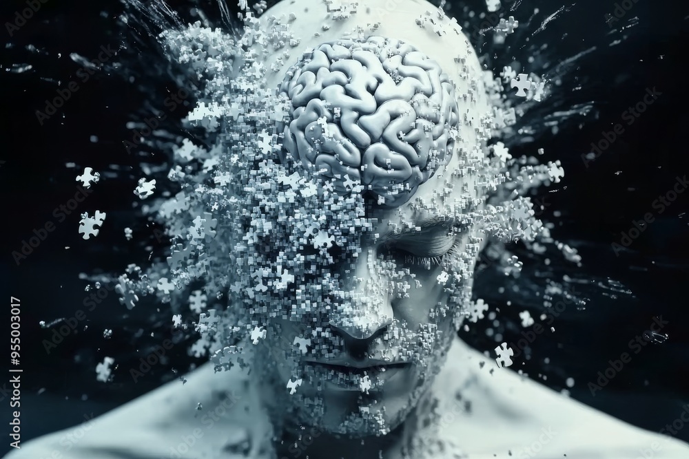 Poster ms imagination surreal digital art of a man with a brain breaking into pieces symbolizing the fragme