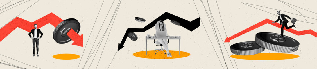 Creative trend collage panorama of bankruptcy inflation arrow point down devaluation recession...
