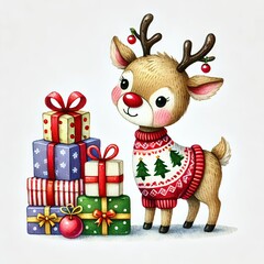 Naklejka premium A cheerful cartoon reindeer wearing a festive sweater, surrounded by colorful Christmas gifts and ornaments, perfect for holiday themes.