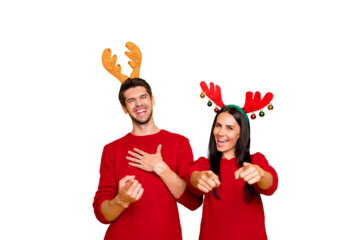 Portrait of cheerful man and woman laugh tease direct with index finger wear red sweater isolated over yellow background