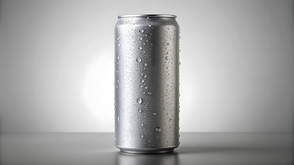 grey blank carbonated energy drink mockup template with water drops isolated on light grey background.