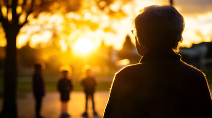 silhouette of an eldery person looking at children having; sunset; concept of multi-generational family, seniors, loneliness, transience, loosing loved ones, next generations, end of life; copy space