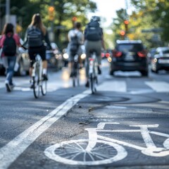 Bicyclists navigate urban streets during the day, showcasing the integration of cycling in city traffic
