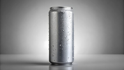 grey blank carbonated energy drink mockup template with water drops isolated on light grey background.
