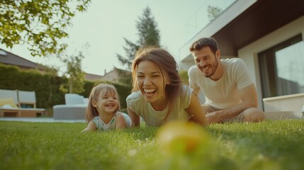 Joyful family playing on the grass, enjoying a sunny day in their backyard while laughing together in the early afternoon