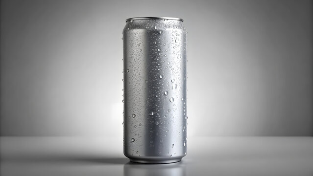 grey blank carbonated energy drink mockup template with water drops isolated on light grey background.