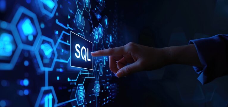 Finger pointing at SQL button on futuristic digital interface. Structured Query Language concept. - Powered by Adobe