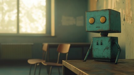 The vintage robot remains still in an AI classroom, soaking in the atmosphere of learning and nostalgia as sunlight filters through the window
