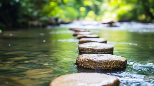 Smooth stepping stones guide through calm waters in a tranquil river surrounded by vibrant greenery and sunlight