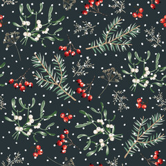 Christmas seamless pattern, mistletoe, fir twigs, red berries, snow, black night background. Vector illustration. Forest nature design. Season greeting. Winter holidays