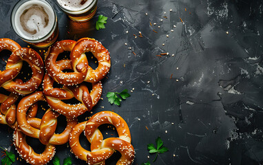 Naklejka premium Oktoberfest beer and bagels top view