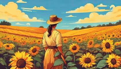 Fototapeta premium Ukrainian farmer tending to a field of vibrant sunflowers under a bright sky during a sunny day. Generative AI. Graphic art illustration