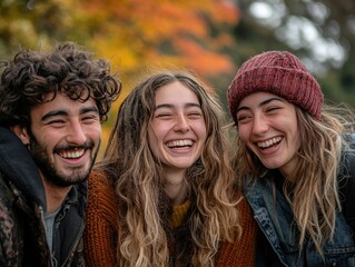 Obraz premium Friends laughing candidly together in a park enjoying each others company