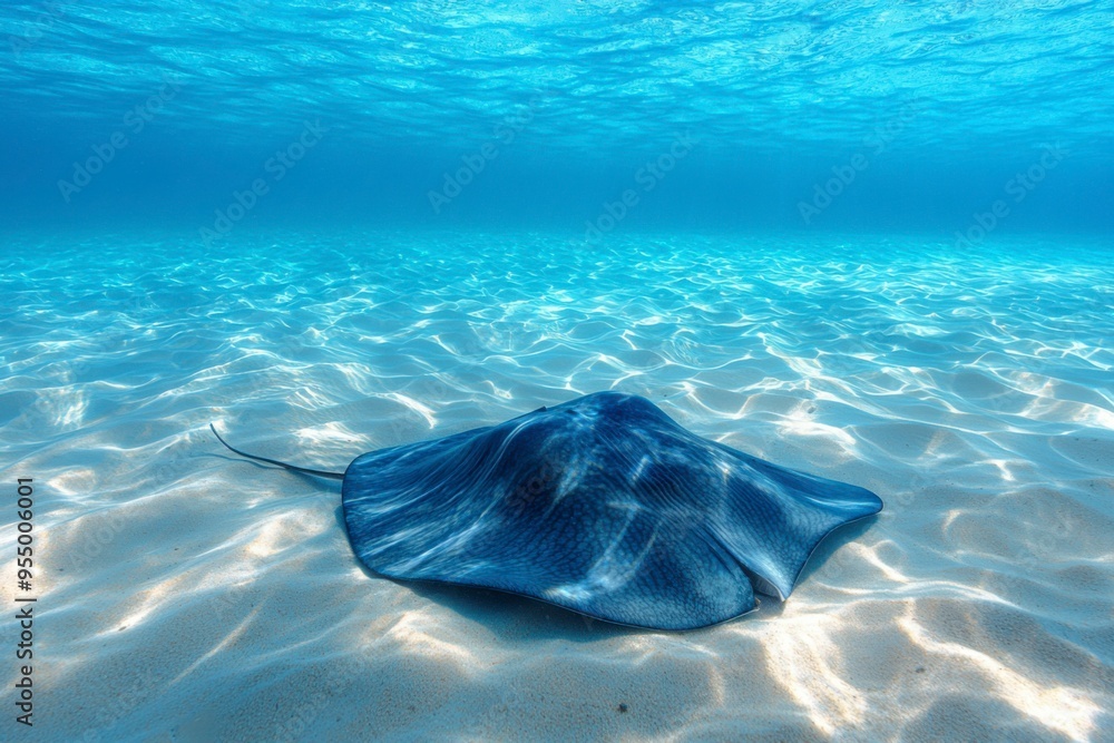 Poster Underwater View of a Stingray Resting on Sandy Ocean Floor