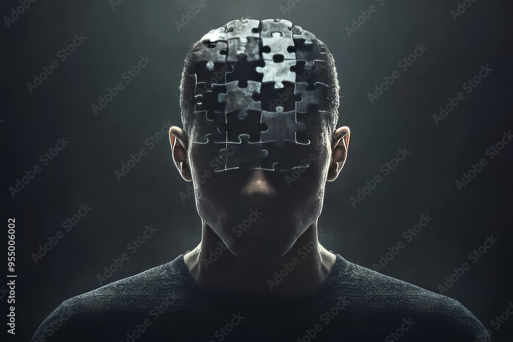 Poster hydrocephalus imagination cinematic portrait of a man with a face covered in puzzle pieces symbolizi