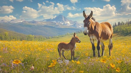 Wild Burros in a Mountain Meadow
