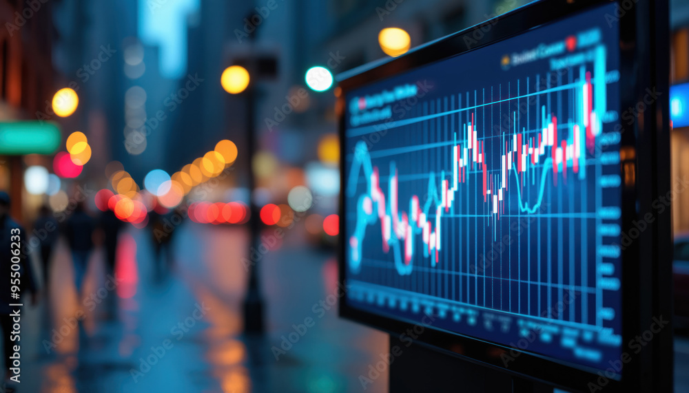 Poster stock data on digital screen in cityscape: a digital screen displaying stock data in an urban citysc