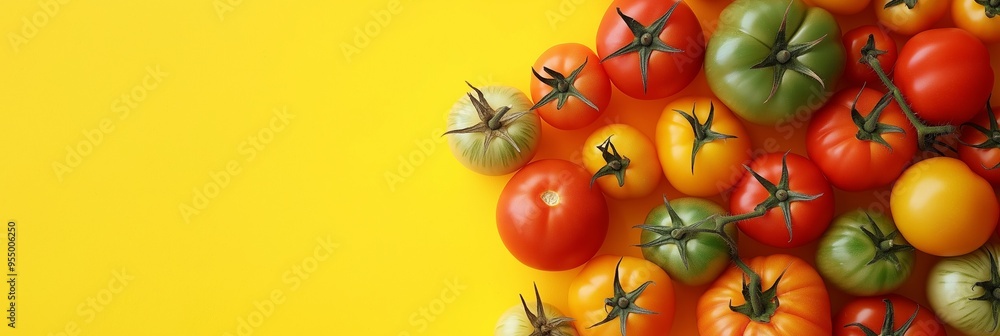 Poster a yellow background with a bunch of tomatoes on it. the tomatoes are of different colors and sizes