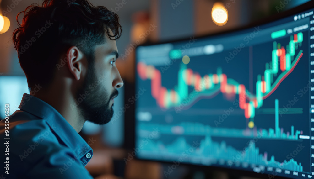 Poster trader analyzing stock market data on monitors: a trader analyzing stock market data on multiple mon