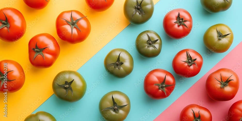 Poster a row of tomatoes in various colors are arranged on a table. the colors include red, green, and yell