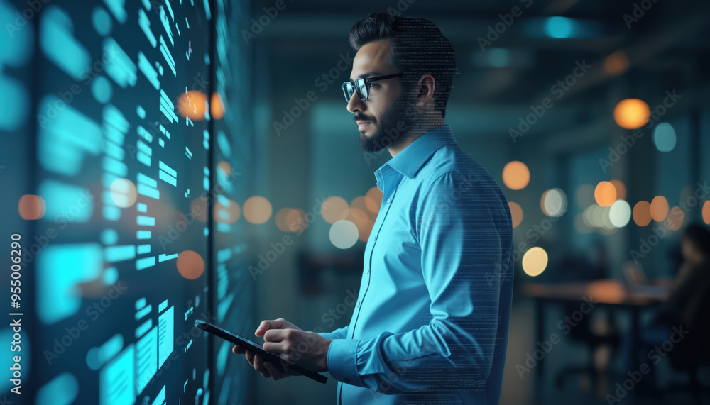 Poster trader monitoring stock data on multiple monitors: a trader monitoring stock data on multiple monito