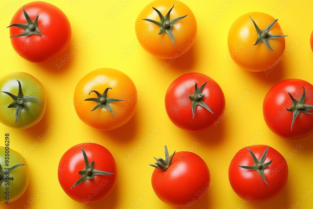 Poster a row of red, yellow, and green tomatoes are arranged on a yellow background. the tomatoes are all d