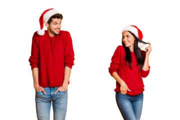 Portrait of charming couple look first meet wear red pullover denim jeans isolated over yellow background