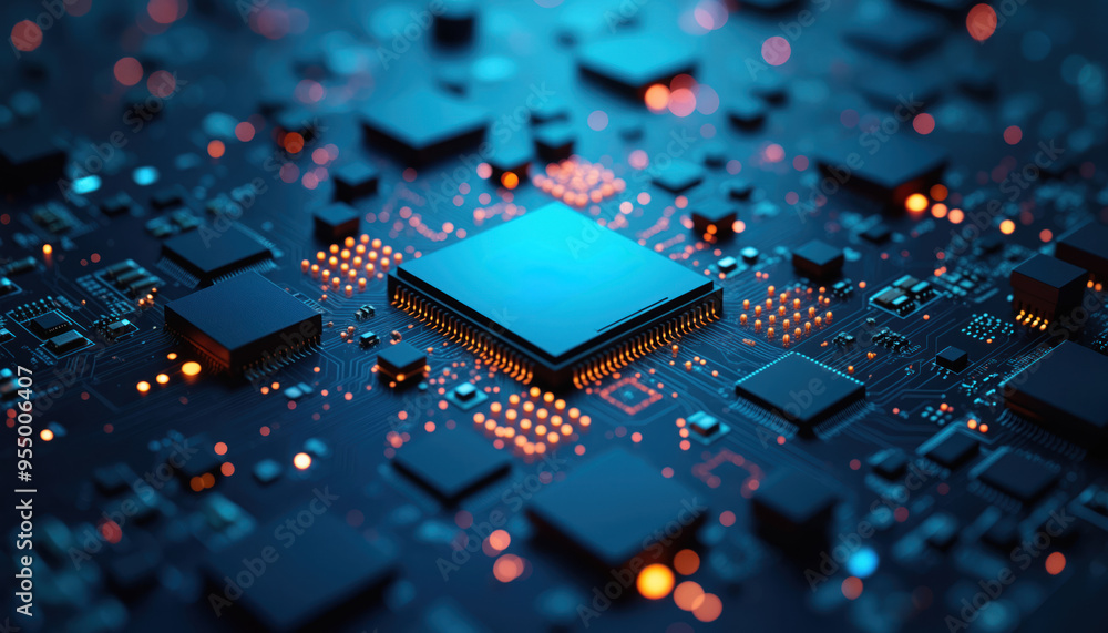 Poster blue circuit board with microchip: a close-up of a microchip on a blue circuit board, symbolizing hi