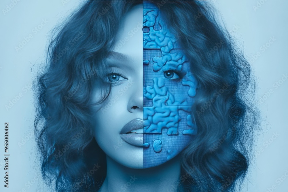 Aufkleber neurodegeneration brainstorming surreal portrait of a woman with a face made of puzzle pieces symbol
