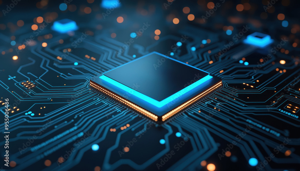 Poster processor on blue circuit board with glowing lines: a close-up of a processor on a blue circuit boar