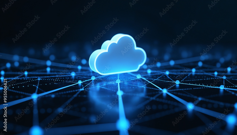 Poster cloud icon with network connectivity: a cloud icon linked within a digital network, representing clo