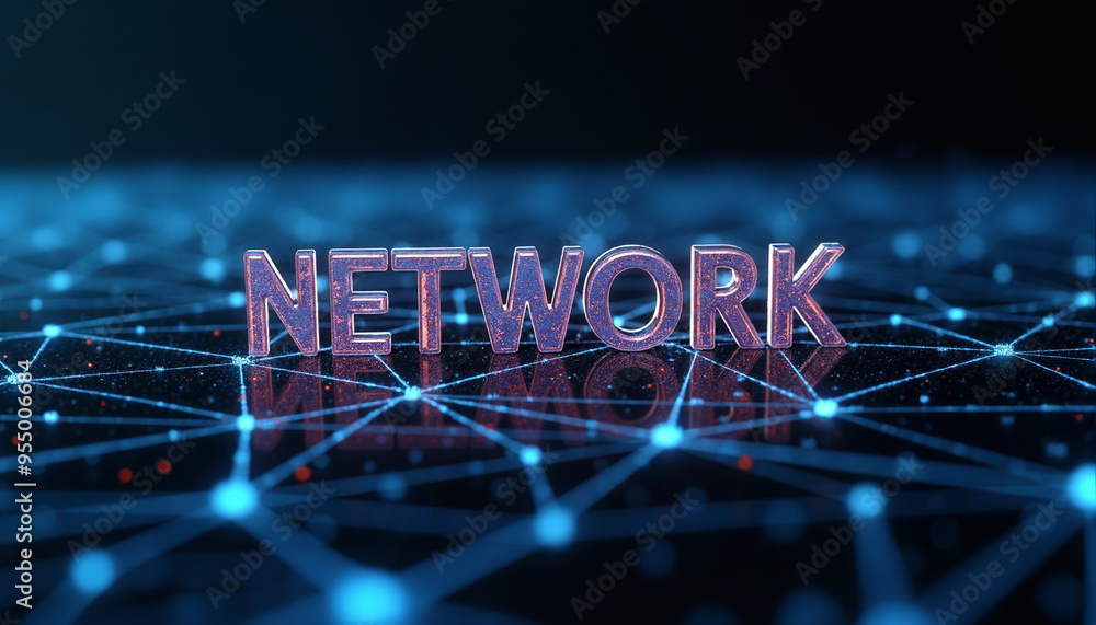 Poster network text in digital connectivity: the word network displayed within a connected digital grid, re
