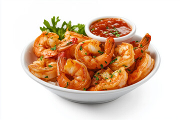 Bubba Gump Shrimp Recipe, Grilled Shrimp with Lemon and Herbs. Grilled shrimp garnished with fresh parsley and red pepper flakes,  on white background 