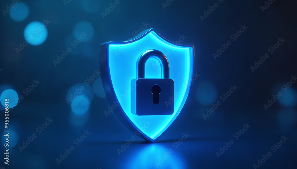 Poster a blue shield with a black padlock set against a dark background with bokeh lights, emphasizing data