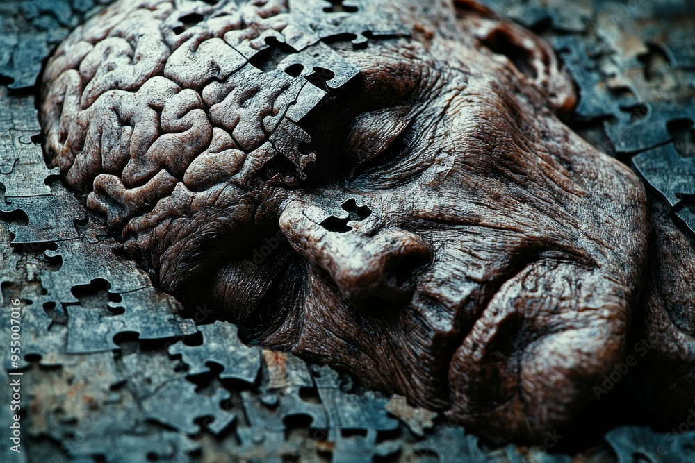 Poster alzheimers disease brainstorming abstract art of an elderly man with a brain made of puzzle pieces s