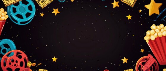 Colorful cinema-themed background with film reels, popcorn, and stars, perfect for movie night invitations or promotional materials.